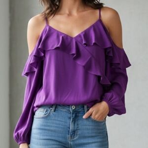 NWOT EXPRESS Off The Shoulder Balloon Sleeve Faux Wrap Ruffle Top AMETHYST XS